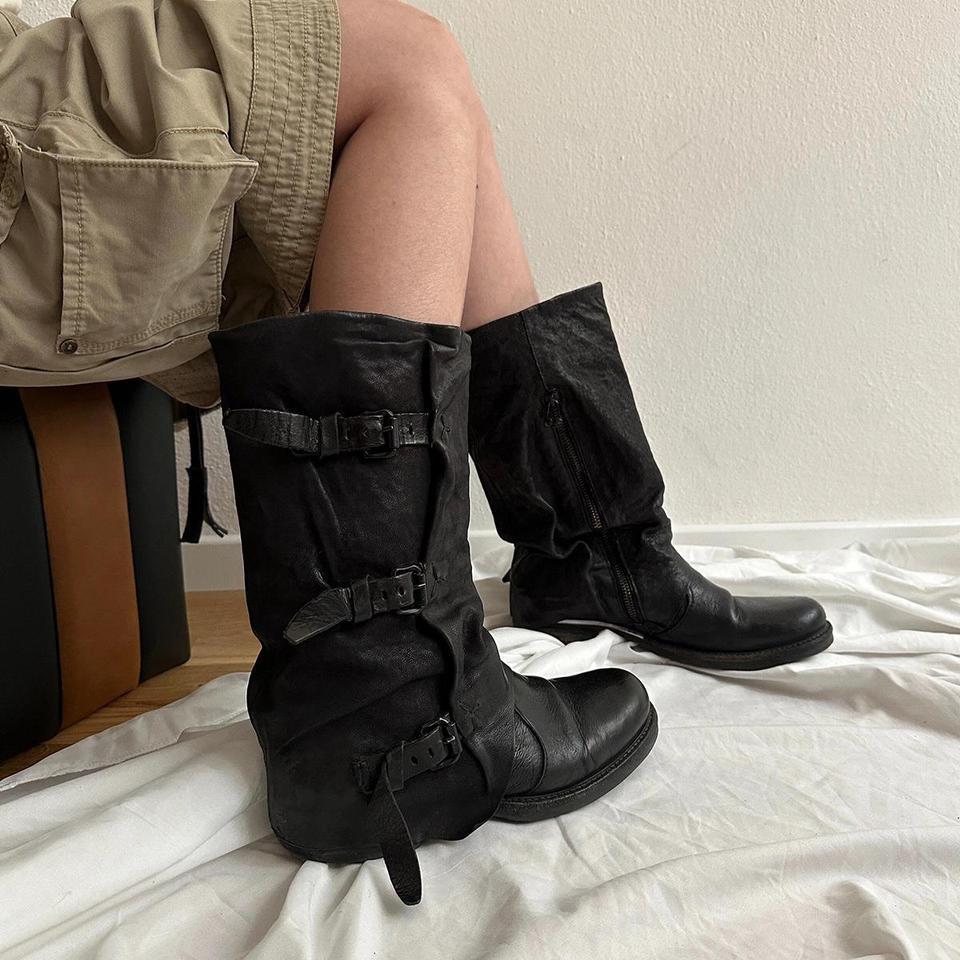 Belt buckle pleated medium boots women's summer outer wear retro transcendent foreign style side zipper old trousers western cowboy boots