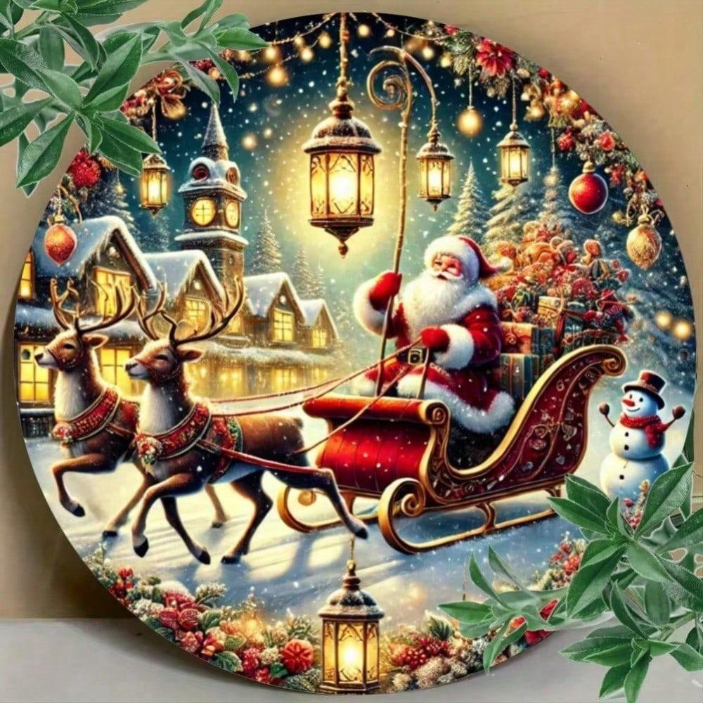 Christmas Santa Reindeer Round Metal Sign Vintage Wall Decor For Home Bar Cafe