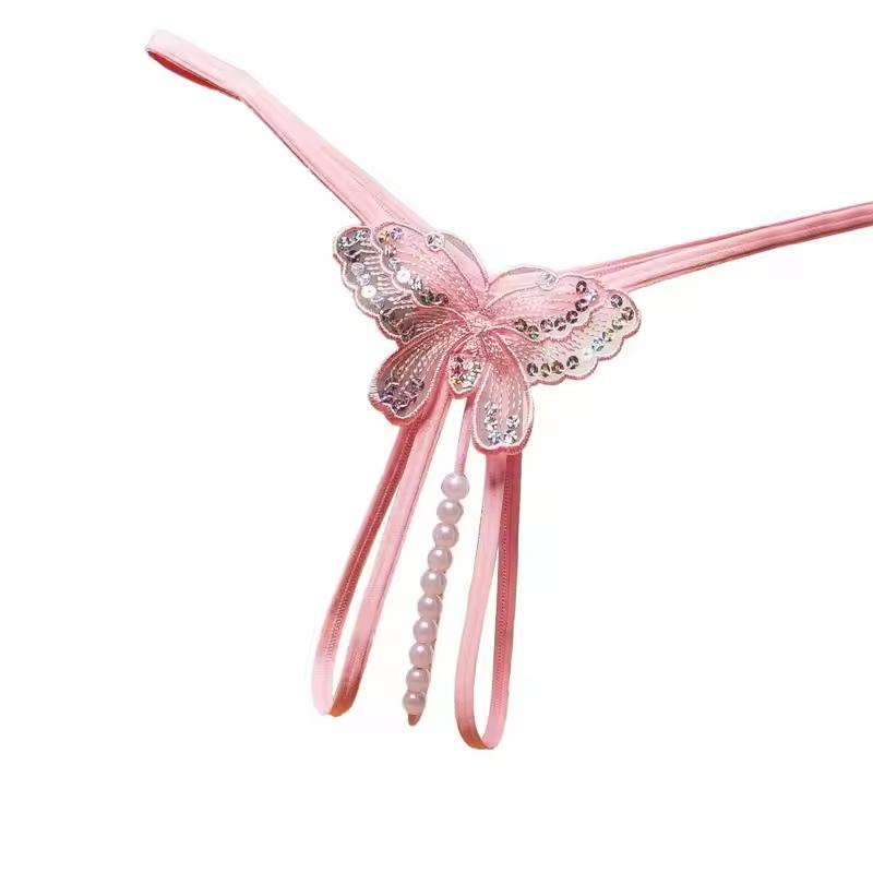 Embroidery Black Butterfly G-String Lace with Pearl Thongs T Back Temptation Open Crotch Panties for Women Sexy Erotic Costume