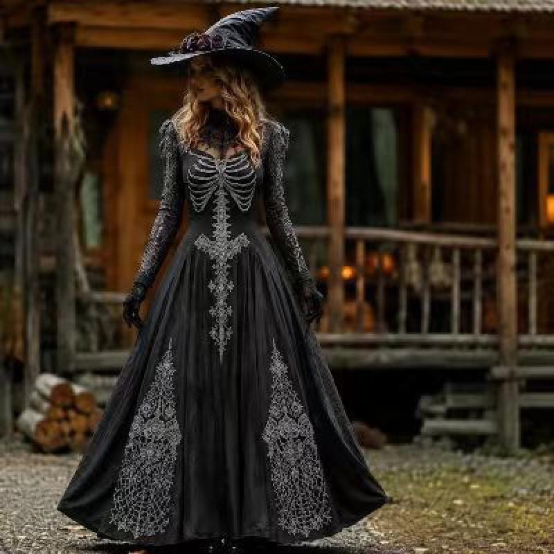 Abito Lungo da Donna con Stampa Sfumata Teschio Rosa Gotico Streetwear di Halloween
