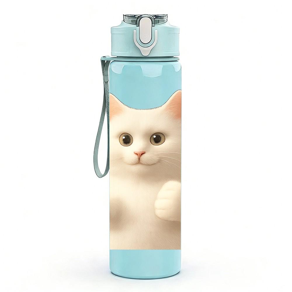 1PC Thumbs Up White Cat Bust Print 750ml Color Plastic Sports Water Bottle Leakproof Flip Straw Lid For Sports Office Home Use
