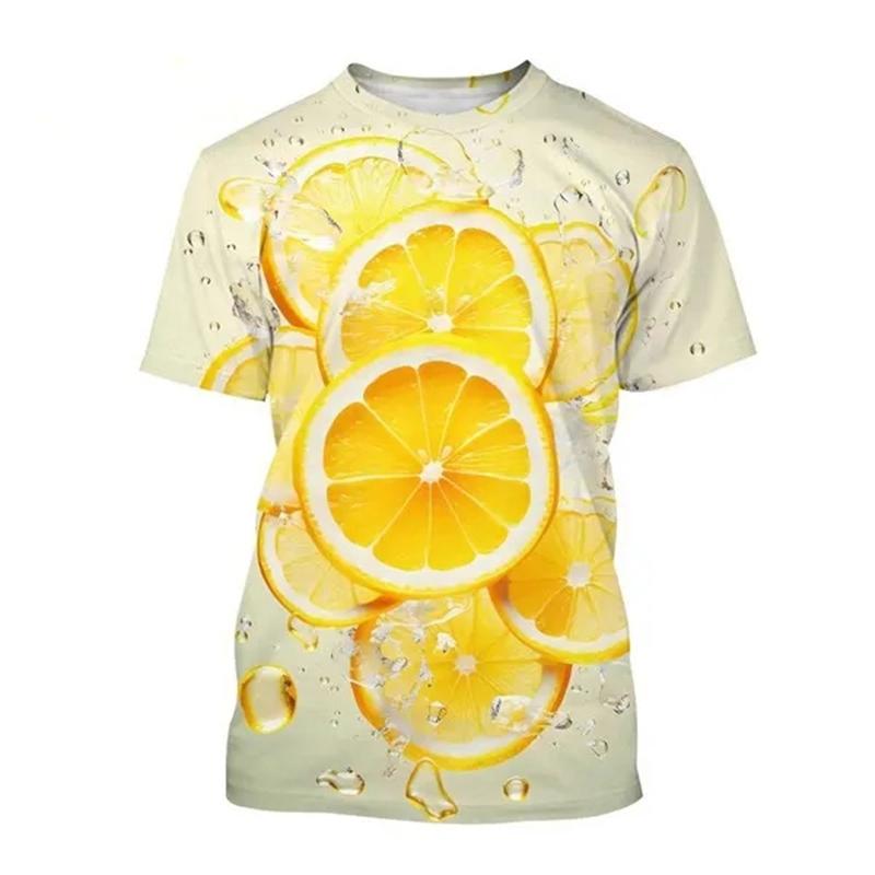 Summer Round Neck 3D Fruit Lemon Pattern Print Top Fashionable Casual Short Sleeved Men's and Women's Unisex T-shirts