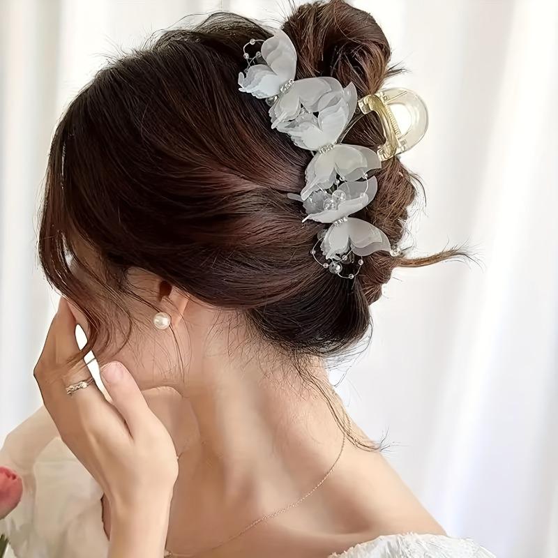2Pcs Embroidery Butterfly Hair Claw Clips - Elegant Pearl Tassel Shark Clip Pins for Women, Sweet Fairy Hair Accessories