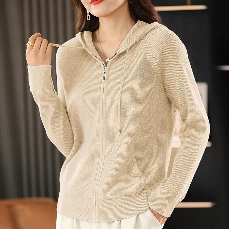 Women's Autumn and Winter Sweater Hooded Collar Thick Knitted Zipper Cardigan with Pockets Basic Wear