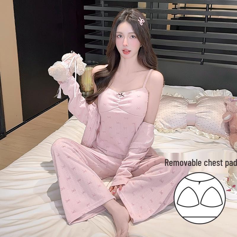 Women s Spring/Summer Jacquard Cotton Pajama Set: Sweet Sexy Camisole, Cardigan, and Long Pants - Three-Piece Slimming Homewear. XL