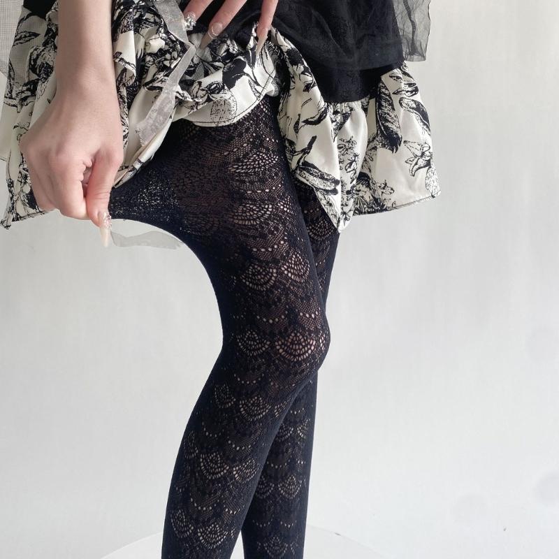 Women Elegant Hollowed Out Lace Solid Pantyhose Stockings Japanese Style Vintage Flower Jacquard Mesh Tights Leggings