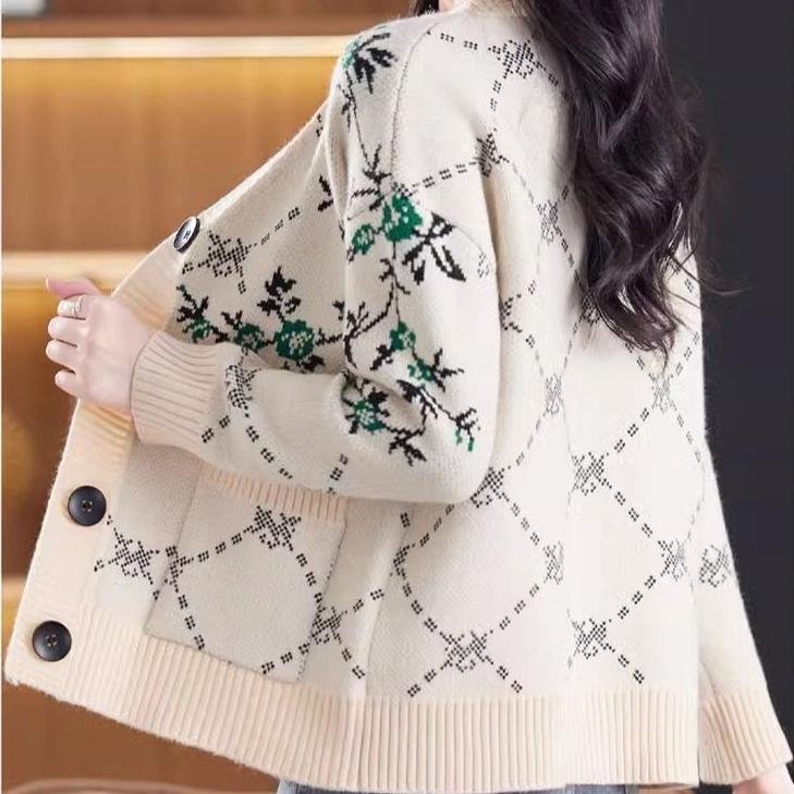 Autumn Winter Women's Plus Size Knitted Cardigan V-neck Printed Knitted Cardigan Sweater Jacket Knitted Top Outerwear.