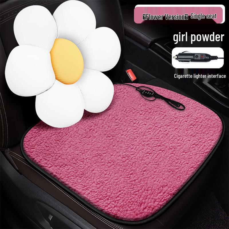 Solid Color Lamb Wool Cartoon Panda Car Seat Cushion - Winter Heating Pad with Sunflower Design