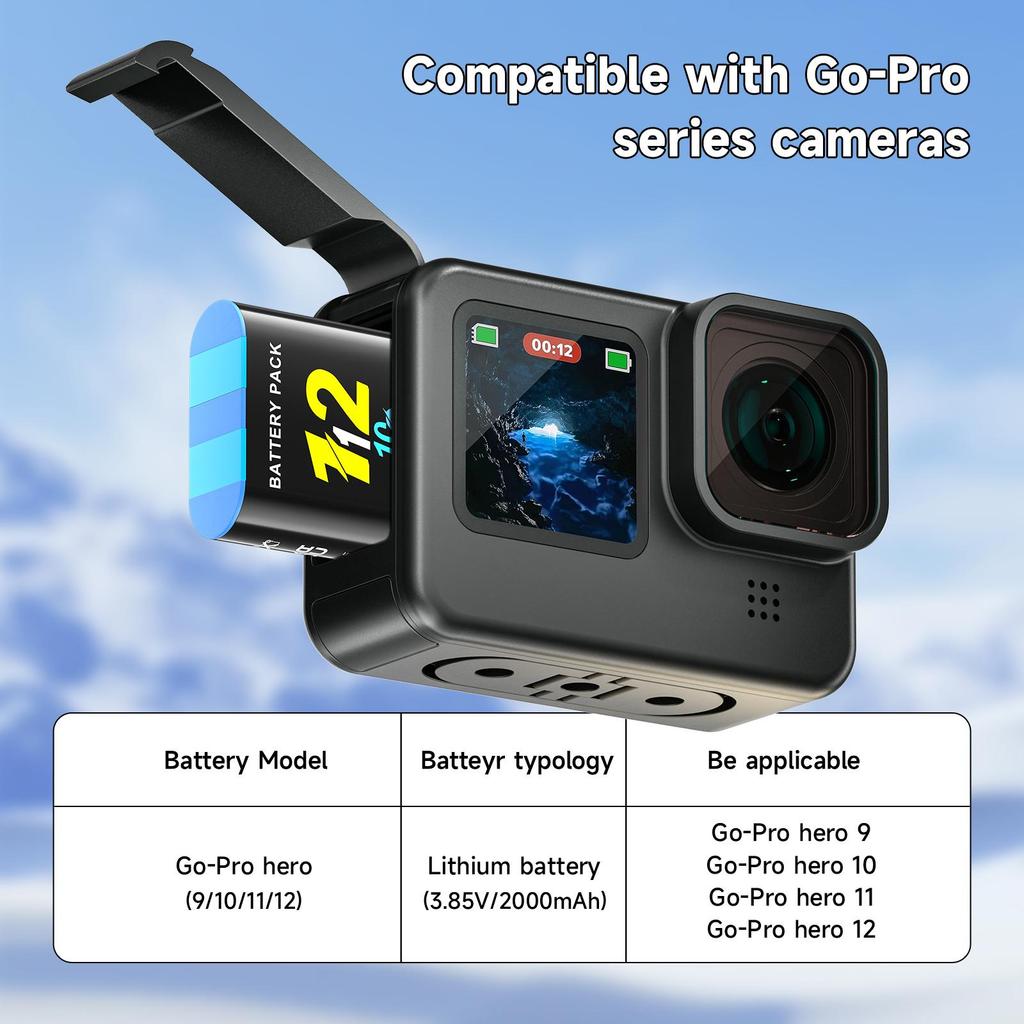 2000mAh Battery For Gopro Hero 9 10 11 12 Camera Battery with LCD 3-Slots Fast Charger Box For GoPro Hero12 11 Sport Cameras
