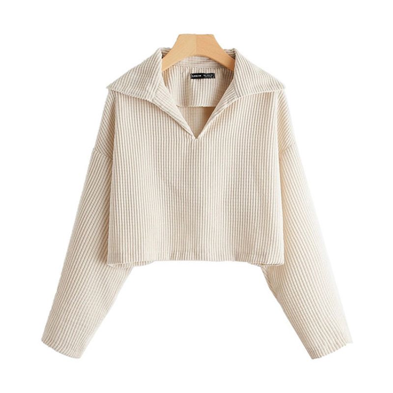 

European and American Style Pullover Polo Collar Crop Top with Exposed Navel, Drop Shoulder Waffle Ribbed Knit Short Long-Sleeve T-Shirt 8658-Light Khaki S