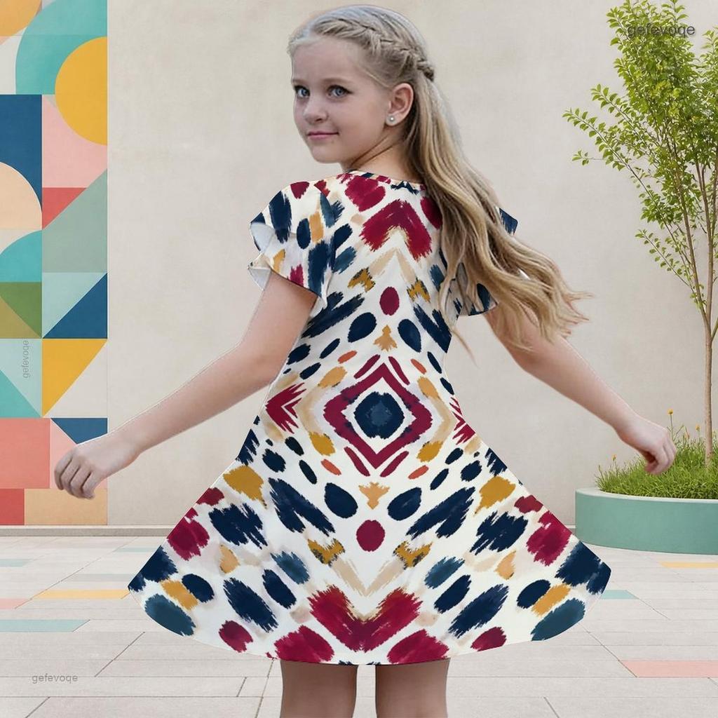 Girls Round Neck Flutter Sleeve A Line Flared Hem Printed Dress