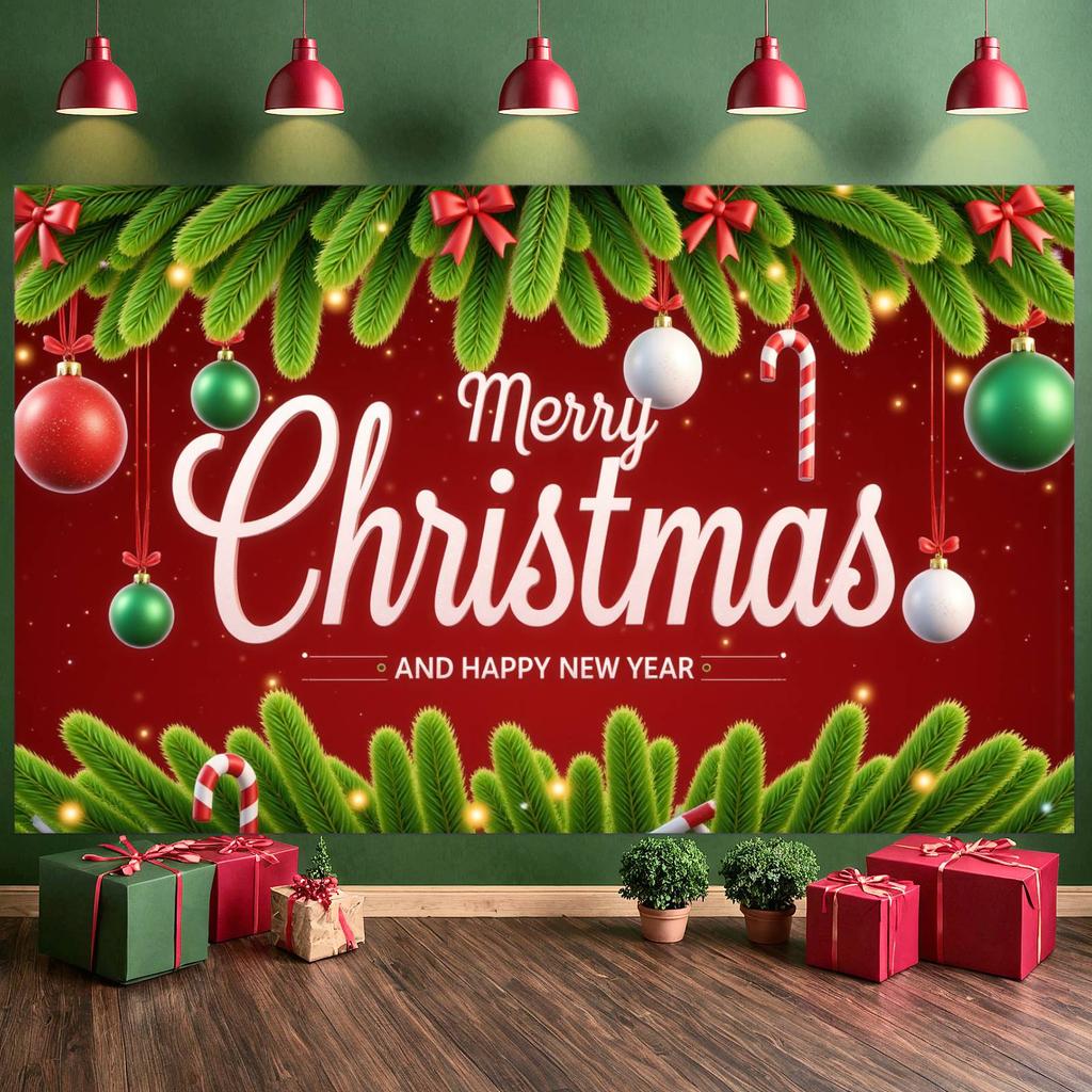 Christmas Decoration Red Background Holiday Banner Christmas Background Ornament Balls Seasonal Banner For Holiday Party Indoor