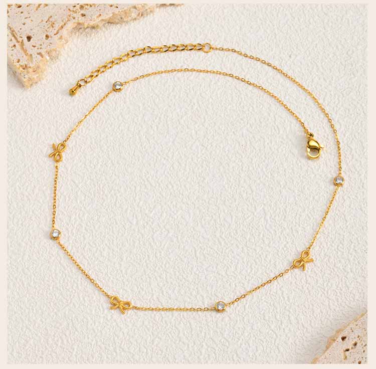 18K Gold Plated CZ Bow Knot Station Necklace for Women, Anti Tarnish Waterproof Stainless Steel Chic Coquette Jewelry
