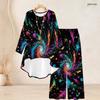 Women Plus Size Two Piece Set Round Neck Long Sleeve Printed High Low Top Wide Leg Pants