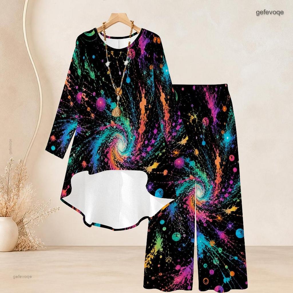 Women Plus Size Two Piece Set Round Neck Long Sleeve Printed High Low Top Wide Leg Pants