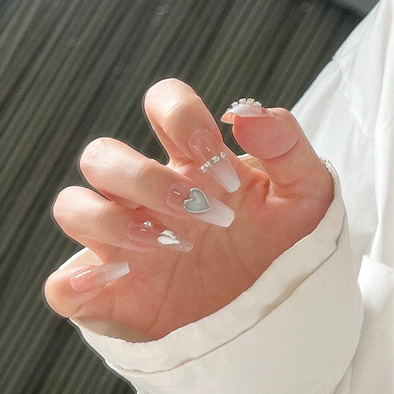 

Острый Девушка Средне-Длинные Молочно-Белые Градиентные Наконечники для Ногтей в Форме Сердца - Накладные Ногти Чистое Желание Gold Plated Glue Version