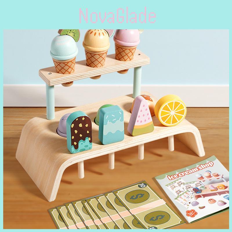 Wooden Simulation Ice Cream Shelf Children Puzzle Interactive Toy For Imaginative Role Play