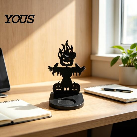 Halloween Candle Holder 3D Printed Ghost Scarecrow Holder, Decor with Pumpkin & Crow Design, Matte Accessory Black One-Piece Craft, Round