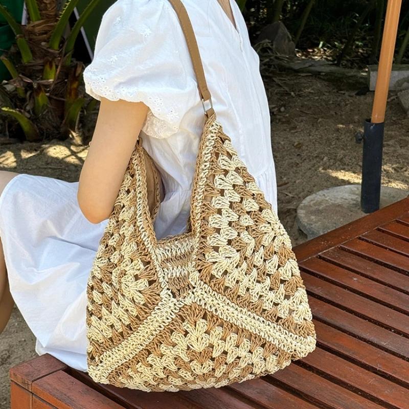 Summer Beach Straw Women Hollow Out Female Vacation Shoulder Bags Hand Woven Seaside Tote Bag Ladies Knitted Handbags