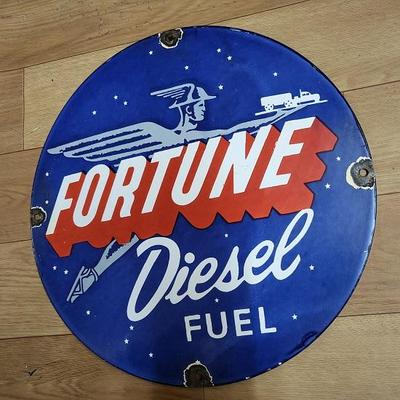 Diesel Fortune Fuel Porcelain Enamel Sign Used 12" Round