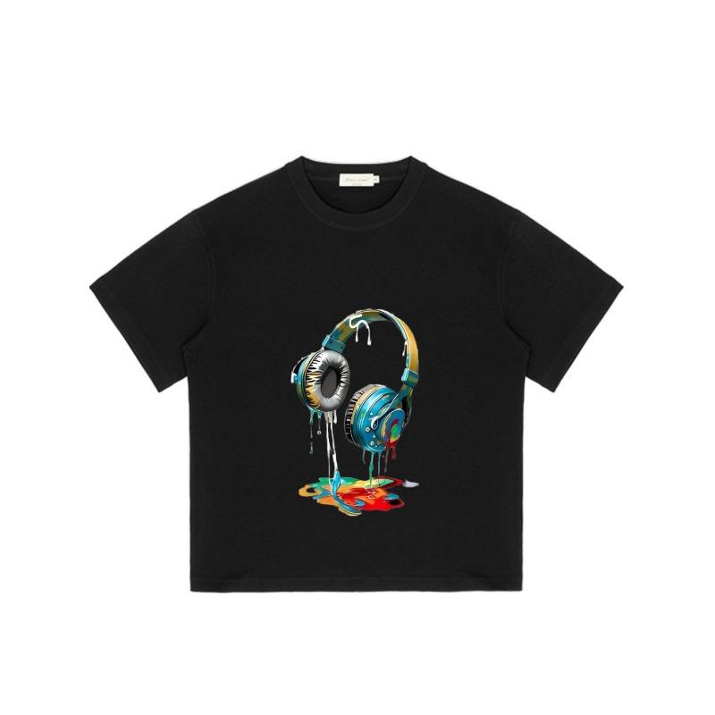 Black Oversized T Shirt with Colorful Headphones Dripping Paint Design for Music Lovers and Streetwear Fashion