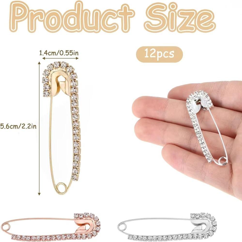 12PCS Shiny Pins Rhinestone Safety Pins Gold Rhinestone Large Brooches Pins Fancy Safety Pins  Women
