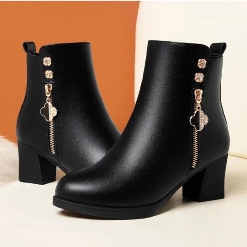 Soft leather short boots women's new winter thick heel women's boots thick-soled versatile pointed shoes velvet warm boots