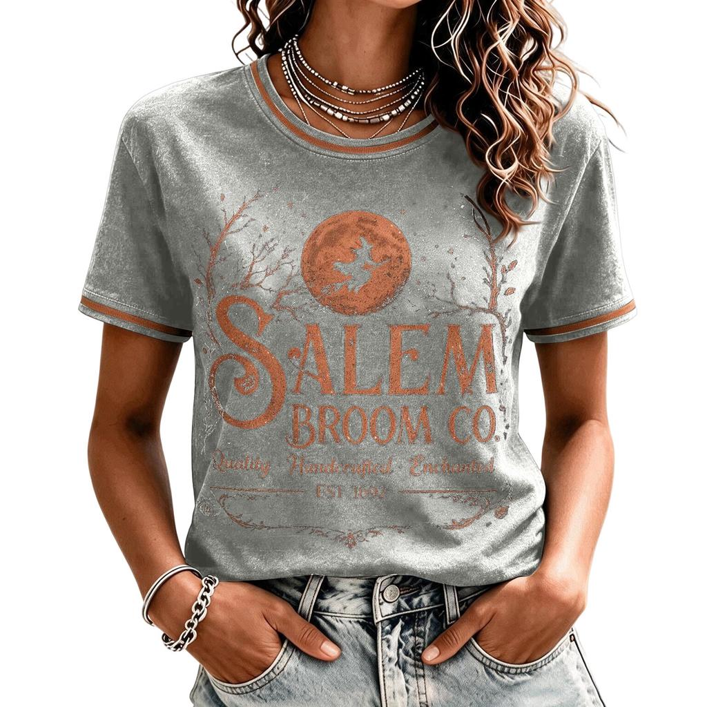 Women's Halloween Printed Neck Short Sleeve T-Shirt with Shoulder Fit