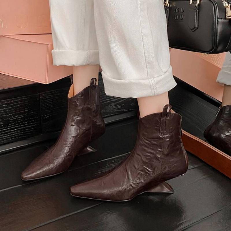 2024 Podzimní dámské kozačky na klínku s hranatou špičkou Moderní kozačky Dělená kožená obuv pro ženy Krátké kozačky na nízkém podpatku Boty na platformě