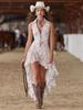 European Retro V-Neck Ruffled Midi Dress