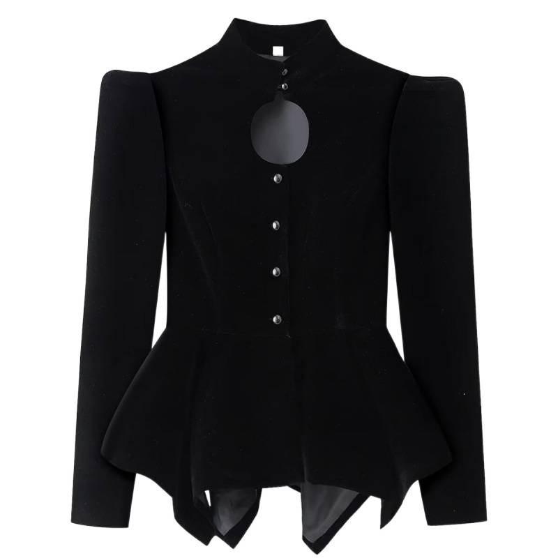 Womens Elegant Velvet Long Sleeve Blazer With Cutout Neckline Puffed Stand Collar Slim Fit 2026