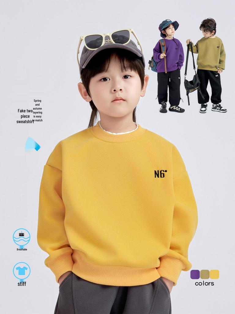 2025 Autumn Stylish Boys' Layered Two-Piece Spliced Sweatshirt T-Shirt, Long Sleeve Casual Top