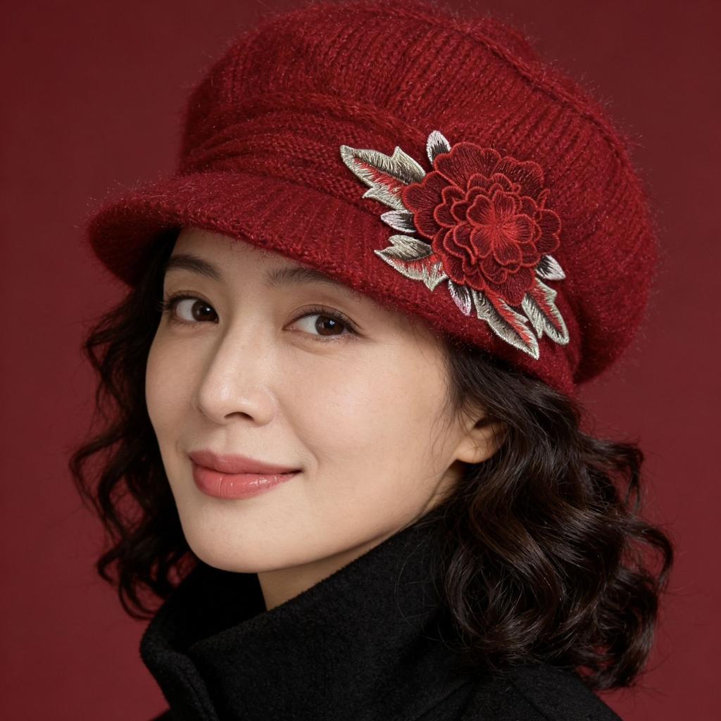 Women's Hat Fleece-lined Ear Protection Hat New Arrival Rabbit Fur Embroider Flower Octagonal Hat Red Classy Hat