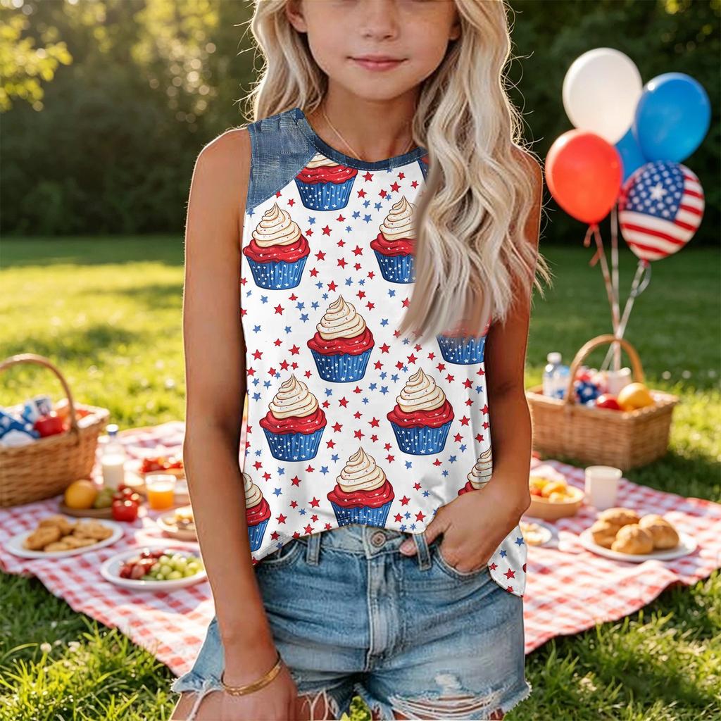 Girls Sleeveless Loose Fit Tank Top Independence Day Cupcake Print Denim Patch Round Neck T Shirt Summer Casual Tee