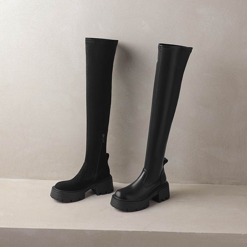 Krazing Pot Microfiber Autumn Winter Shoes Thick Bottom Flat Platform Size 43 Long Boots Zipper Over-the-knee Boots