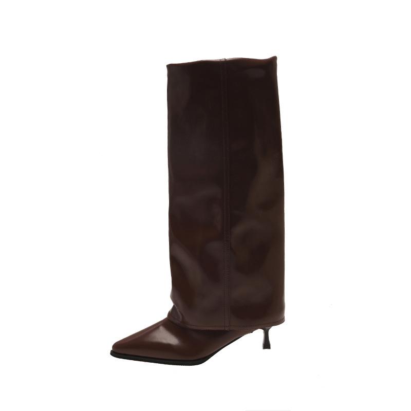 Large size pointed retro high-heeled fashion boots women's winter pleated thin heels but knee-high trousers boots