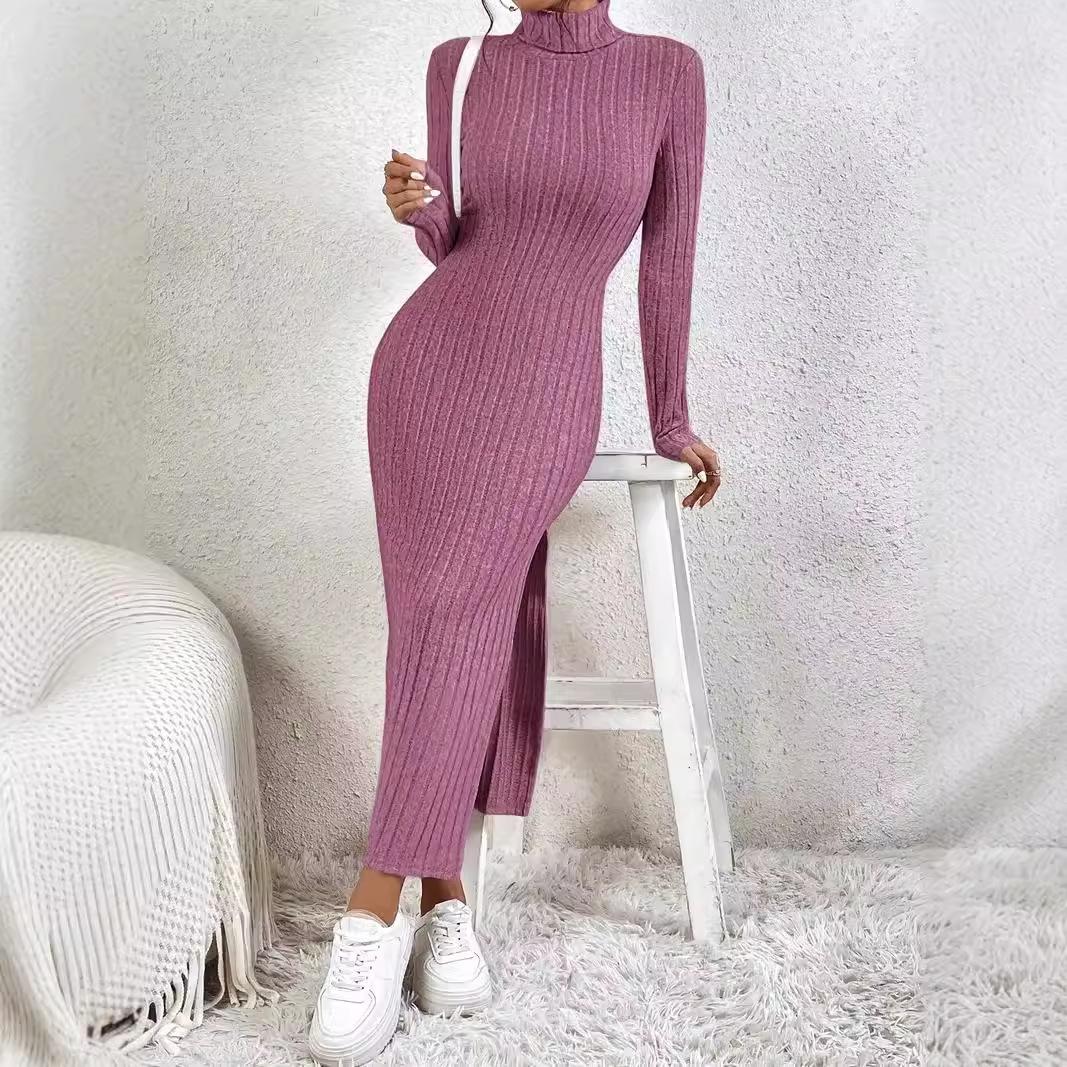 

Fashion Slim Sexy Side Slit Midi Dress Women Autumn Winter Solid Turtleneck Bodycon Dress Long Sleeve Elastic Knitted Dresses XL