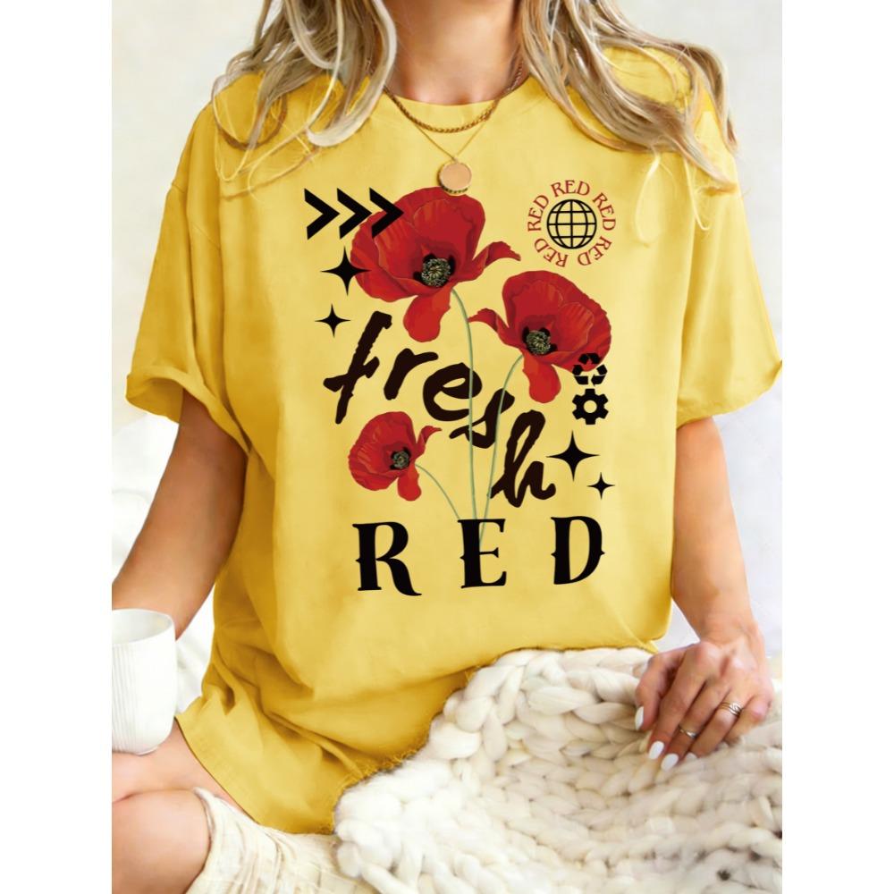Fresh Beautiful Red Flower Pattern Womens T Shirts Cotton Casual T-Shirt Summer O-Neck Clothes Oversized Sportswear