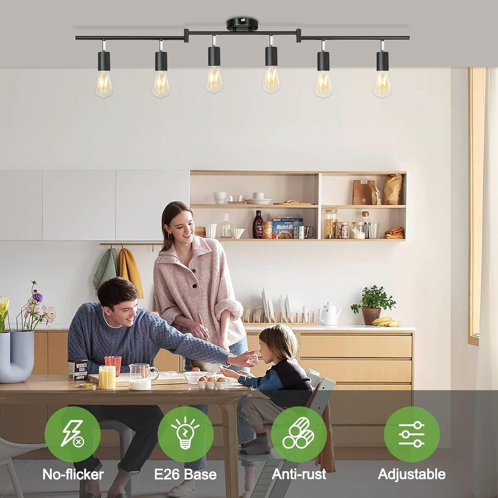 Kimjo 6-Light Track Lighting Fixtures Ceiling, Flush Mount Black Track Light Kit with Rotatable E26 Light Heads, Directional Kitchen Ceiling