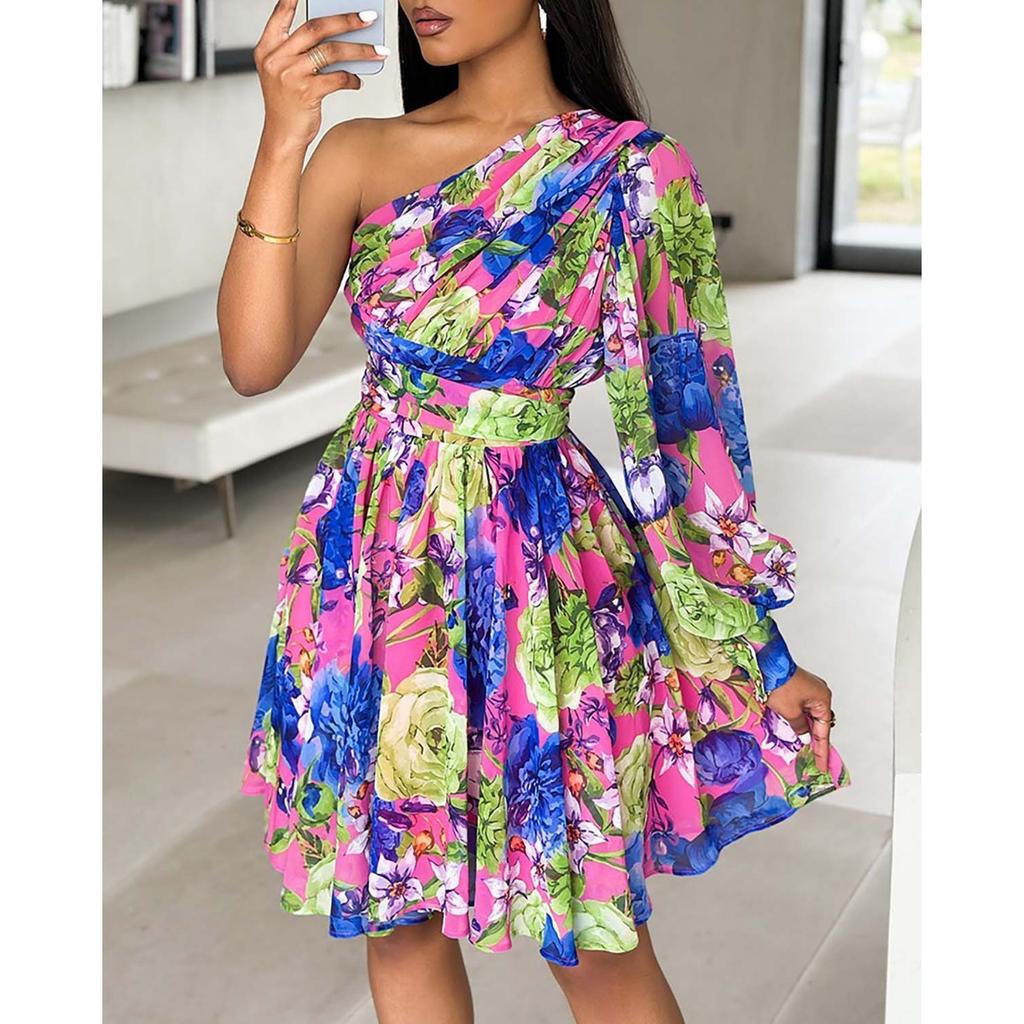 Abito Midi Stampato Boho da Donna a Spalla Singola con Maniche Lunghe Abito Casual Boemo per le Vacanze da Donna