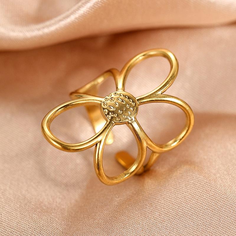 

Stainless Steel Metal Flower Rings Set For Women Fashion Gold Color Adjustable Finger Rings Waterproof Aesthetic Zircon Gifts