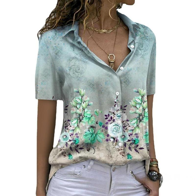 Women's Printed Short-sleeved Single-breasted Shirt Lapel Slim Fashion Shirt