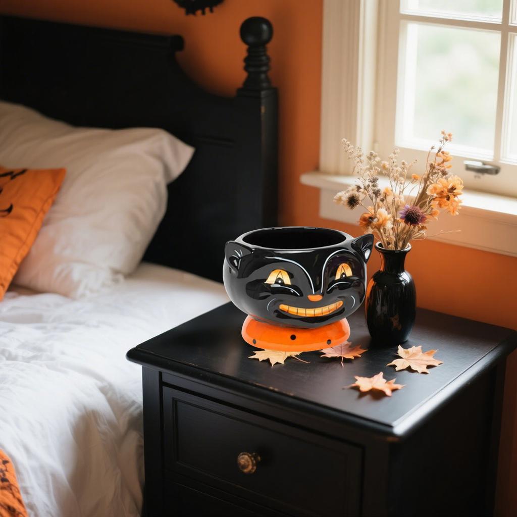 Retro Halloween, Smiling  Cat Candy Bowl, Snack Candy Jar, Halloween Drink And Dessert Cups, Ice Cream, Hot Cocoa, Etc.