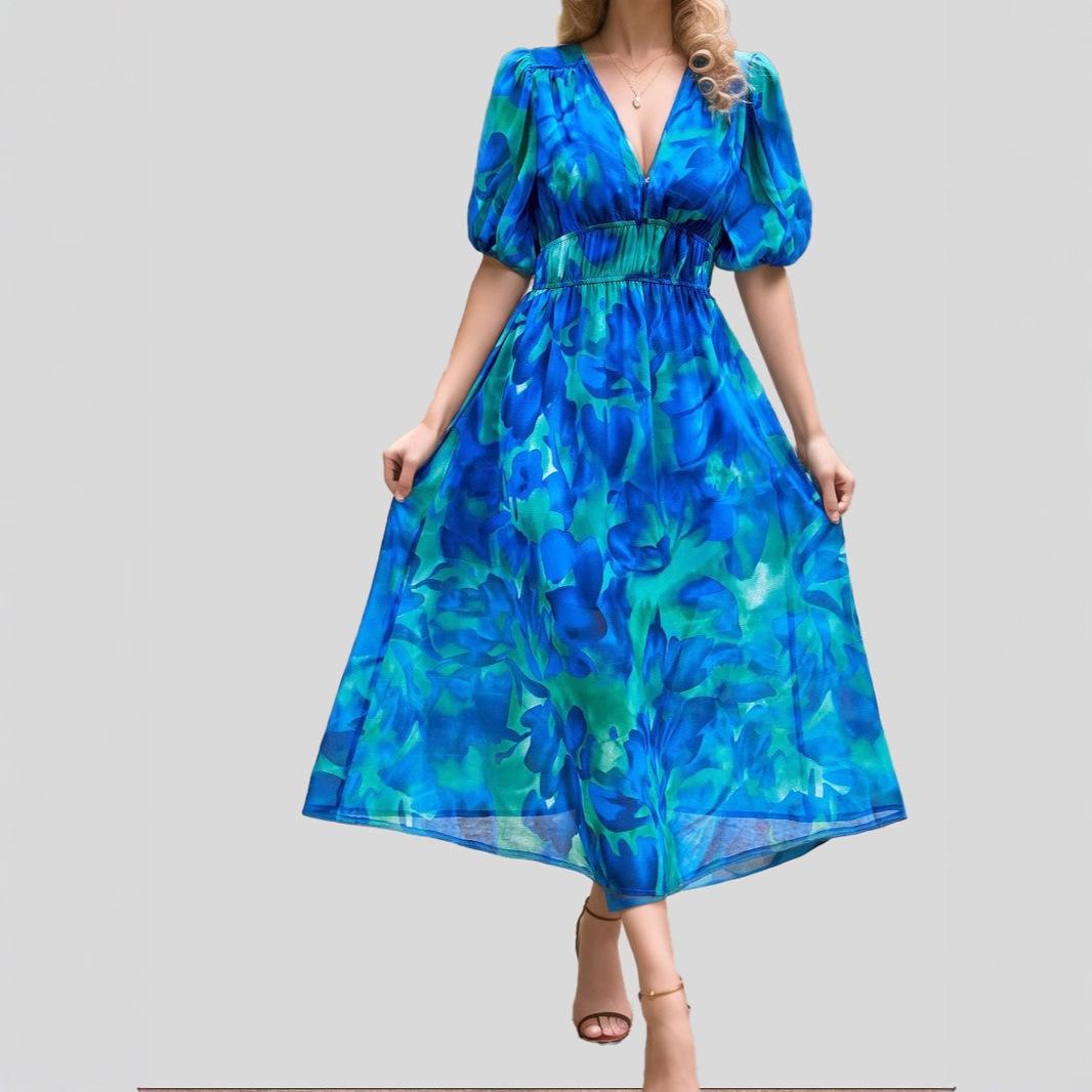 

Floral Print V-Neck A-Line Dress with Puff Sleeves, Women s Summer Casual Dress XXL