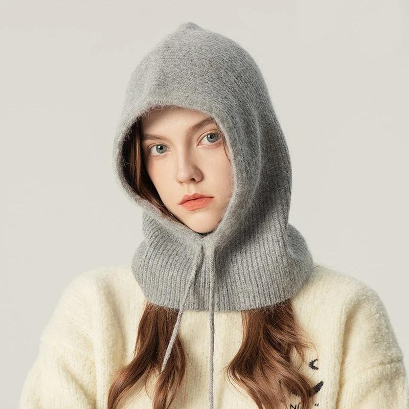 Kaninchenfell Gestrickter Schal Kapuze Sturmhaube Damen Kaschmir Mützen Winter Unisex Warm Ski Mütze Outdoor Ohrenschutz Mütze