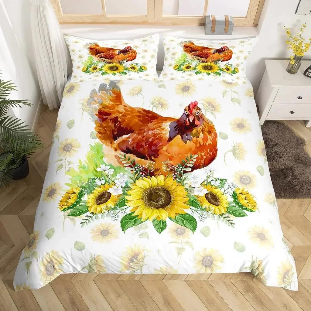 Farm Animal Chicken Duvet Cover Twin King Size Country Sunflower Rooster Comforter Cover Microfiber Rustic Farmhouse Bedding Set