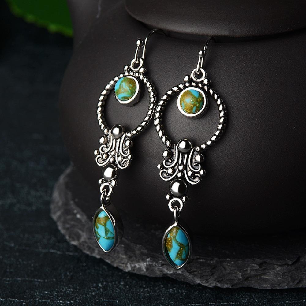 Vintage Silver Earrings with Turquoise Inlay Bohemian Style Jewelry for Women