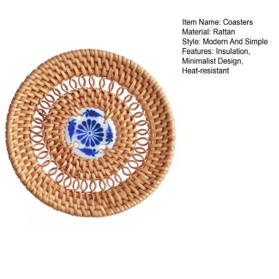 Handmade Rattan Coasters Heat Insulation Pads Kitchen Table Mats with Ceramic Inlay Decorative Placemats for Dining Room Bar