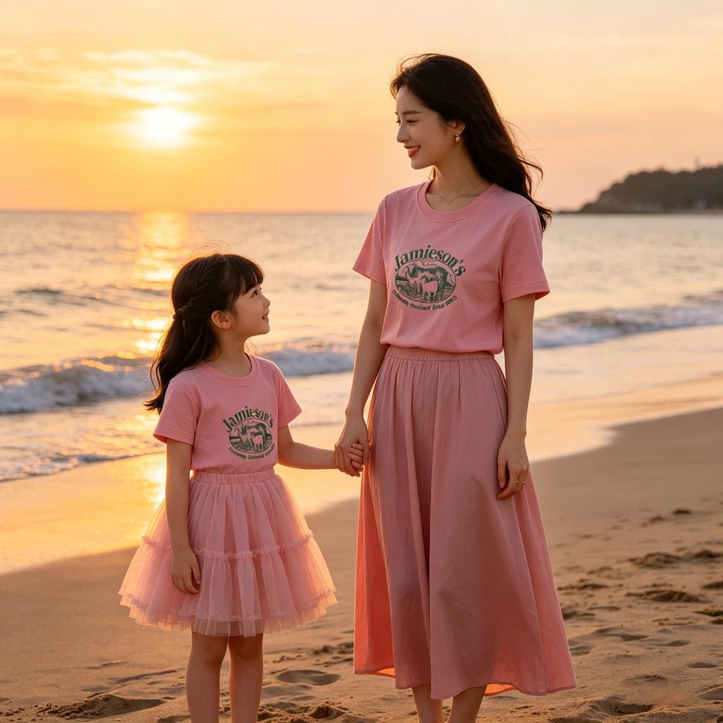 100% Baumwolle Lamm-Print Mutter-Tochter Partnerlook Kurzarm T-Shirt - Rundhals, Lässiges Oberteil