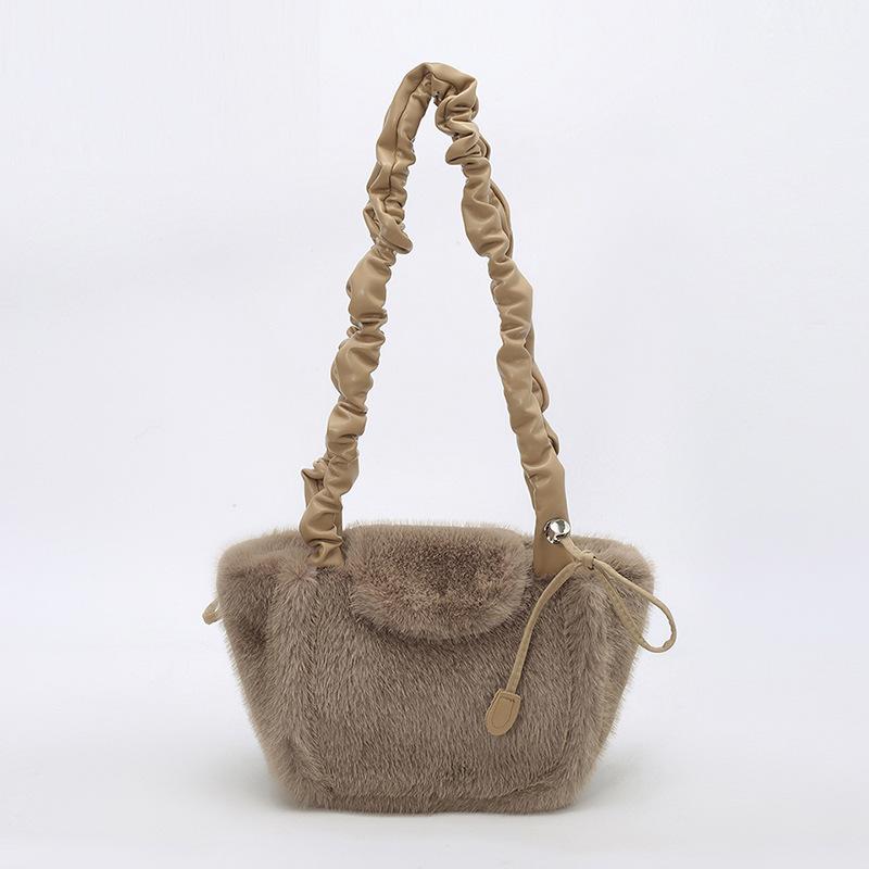 Winter Women Soft Plush Shoulder Bags Solid Color Ladies Drawstring Strap Crossbody Bag Minimalist Girls Bucket Handbag Zipper